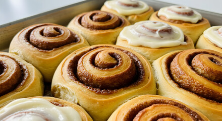 Fototapeta premium Freshly Baked Cinnamon Rolls With Cream Cheese Frosting Close Up