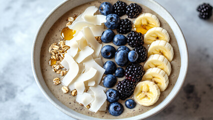 Macro Close-up, Banana Smoothie Bowl with Fresh Blueberries, Blackberries, Banana Slices, Coconut Flakes, Granola, and Honey Drizzle, White Background, Healthy Breakfast superfood, Fitness, Wellness