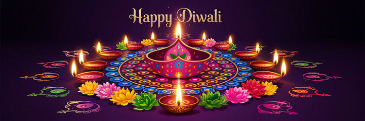 Vibrant Diwali Rangoli Arrangement Illuminated Decorative Diyas Colorful Floral Centerpiece Deep Purple Background Symbolizing Prosperity Festive Joy Perfect Holiday Greeting Cards Celebratory Designs