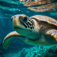 Fototapeta premium A closeup captures a green sea turtle gliding gracefully underwater, illuminated by soft.