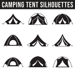 A variety of camping tents silhouettes in different designs and angles, showcasing various outdoor shelter types for adventurous outdoor experiences.