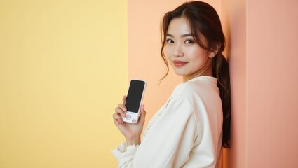 Young woman. Holding smartphone. Smiling face. Casual outfit. Asian ethnicity. Long dark hair. Standing pose. Pastel background. Technology concept. Lifestyle image. Advertising space. Social media c