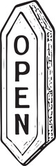 A hand-drawn illustration of a wooden "OPEN" sign, perfect for representing business hours or inviting customers into a store or shop