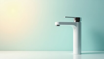 Modern faucet. Minimalist design. White chrome. Kitchen sink. Soft gradient. Shiny surface. Reflection detail. Home improvement. Interior decoration. Plumbing fixture. Product photography. Studio sho