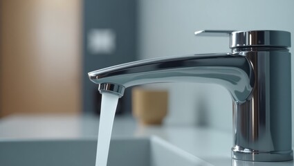 Modern faucet. Running water. Bathroom sink. Chrome finish. Minimalist design. Close-up shot. Clean environment. Water flow. Home improvement. Plumbing element. Interior decoration. Residential use. 