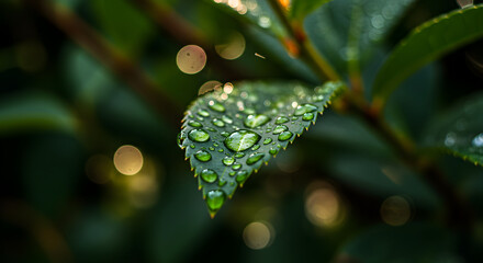 Leaf Shines With Morning Dewdrops in Macro Nature Shot