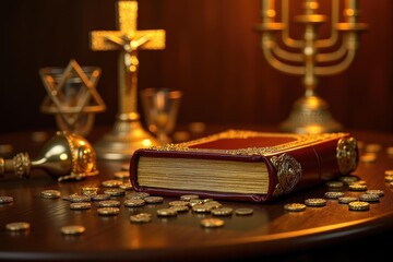 Religious symbols. Vintage book. Golden coins. Brass menorah. Cross crucifix. Star David. Sacred objects. Faith concepts. Spiritual worship. Ritual background. Antique artifact. Historical vintage. O
