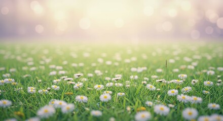 Fototapeta premium Daisies Blooming in a Green Field with Dreamy Light