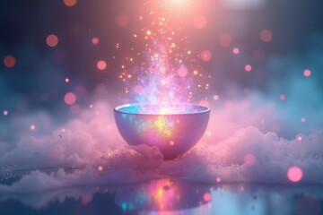 Magic bowl. Glowing light. Sparkling particles. Fantasy concept. Mystical energy. Purple blue. Shiny metal. Round shape. Floating sparkles. Abstract design. Creative art. Fantasy background. Dreamy a