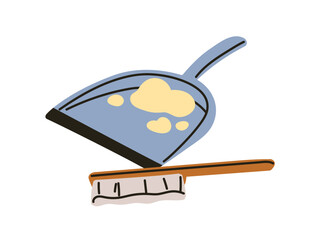 Dustpan and brush, cleaning tools. Dust pan with removed dirt, mud, scraps. Floor cleanup, sweeping supplies, accessory, shovel and bristle. Flat vector illustration isolated on white background