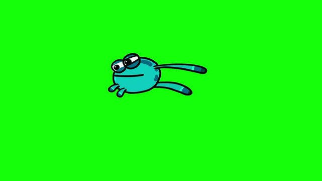 Blue frog cartoon leaping in place outline greenbox isolated. Animal character on green screen background ood for any project for children about nature.