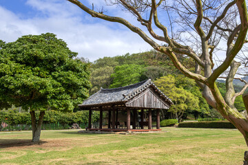Korean beautiful traditional garden and house background blue sky.