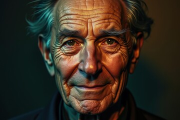 Elderly man. Closeup portrait. Wrinkled skin. Blue eyes. Grey hair. Warm lighting. Studio shot. Thoughtful expression. Mature age. Detailed texture. Professional photography. Human face. Senior citiz