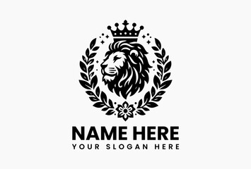 Cartoon lion head with royal crown and floral elements in colorful vector logo design, representing power, nobility, and warmth in a family-friendly style 