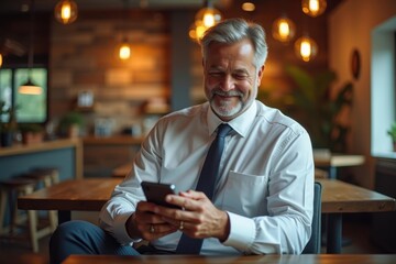 Businessman texting. Office setting. Middle-aged man. Gray hair. Formal shirt. Necktie dressed. Happy expression. Seated posture. Modern workplace. Warm lighting. Smartphone use. Communication concep
