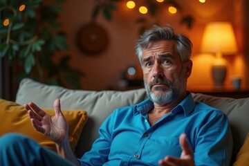Casual man. Gray hair. Blue shirt. Indoor setting. Evening light. Home living room. Sitting on sofa. Gesturing hands. Thoughtful expression. Middle-aged male. Warm colors. Background lamp. Relaxed mo