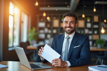 Business meeting. Confident man. Modern office. Formal suit. Smiling face. Documents holding. Laptop working. Professional environment. Natural light. Corporate setting. Article image. Marketing use.