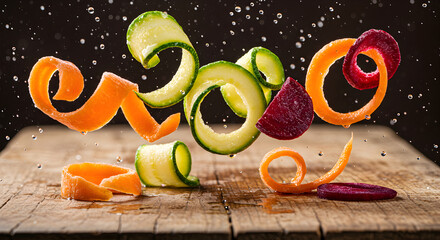Artistic Presentation Of Vegetable Ribbons With Water Droplets