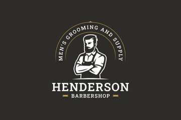 Stylish barber shop logo featuring a confident man in a suit, surrounded by elegant text and a vintage arc. Perfect for grooming services and fashion-forward businesses. Vector illustration