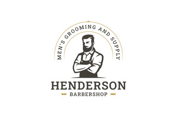 Modern barbershop logo featuring a stylish gentleman in a vintage apron. Retro and professional elements combined, emphasizing grooming and service. Vector illustration