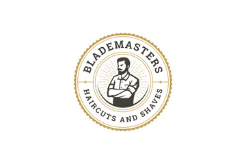 Barber shop logo featuring man illustration, showcasing barber services. Vintage and classic design, suitable for barber shop branding. Vector illustration