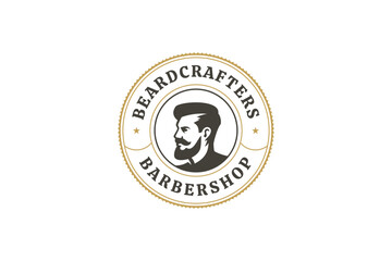 Elegant vintage barbershop logo featuring a gentlemans profile, stars, and a circular emblem. Perfect for branding grooming services. Vector illustration