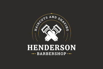 Retro barbershop emblem featuring crossed razors, combs, and gold accents, with a classic typographic design. Suitable for branding and marketing materials. Vector illustration
