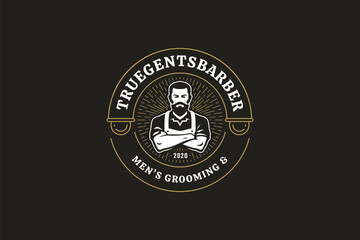 Elegant vintage logo featuring a confident barber with a mustache, apron, and crossed arms, set against a radiant background. Perfect for mens grooming services. Vector illustration
