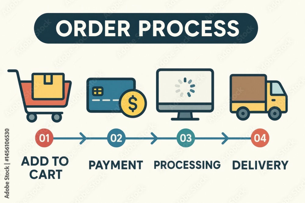 Leinwandbilder order process steps for online shopping including cart, payment, processing, and delivery displayed 