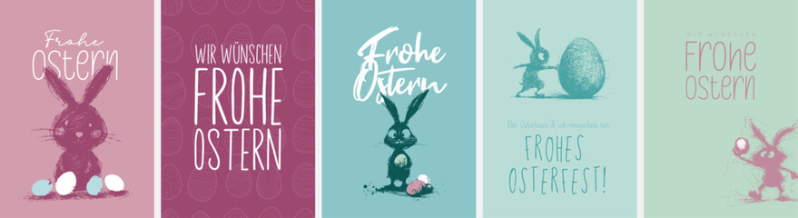 5 moderne und süße Grußkarten zu Ostern in deutscher Sprache und im Din Format.  Moderne perfekte Typo + harmonische Farben + Motive mit Beschnitt + Alle Elemente einzeln selektierbar  © ikoon