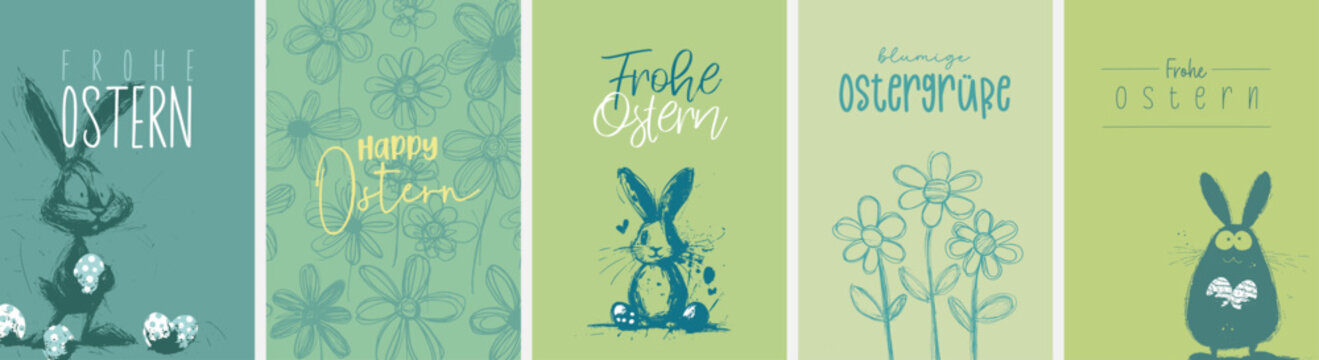 5 moderne und s&uuml;&szlig;e Gru&szlig;karten zu Ostern in deutscher Sprache und im Din Format. 
Moderne perfekte Typo + harmonische Farben + Motive mit Beschnitt + Alle Elemente einzeln selektierbar
