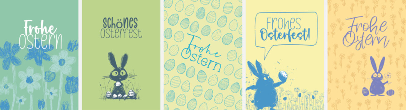 5 moderne und s&uuml;&szlig;e Gru&szlig;karten zu Ostern in deutscher Sprache und im Din Format. 
Moderne perfekte Typo + harmonische Farben + Motive mit Beschnitt + Alle Elemente einzeln selektierbar
