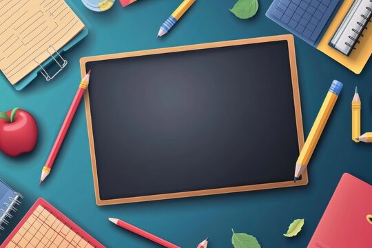 Creative workspace filled with school supplies ready for a productive learning experience on a vibrant blue background