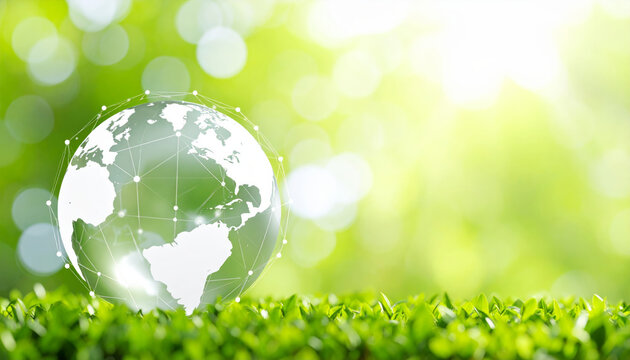 transparent globe with network connection sits bed of lush green grass, symbolizing global connectivity and environmental awareness. vibrant green background enhances theme of nature