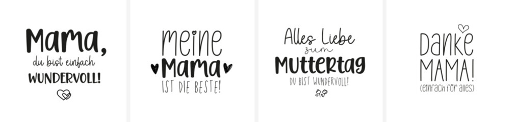 Fototapeta premium Glückwünsche und Grüße zum Muttertag in moderner und ansprechender Schrift in deutscher Sprache (teilweise Kalligraphie- bzw. Schönschrift); alle Buchstaben einzeln selektierbar 