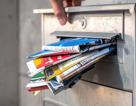 &Ouml;ffnen eines Briefkastens mit Werbeprospekten &ndash; Alltag im Detail eingefangen