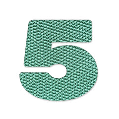 Green knitted number 5 with a soft, textured fabric pattern, isolated on a white background. Perfect for creative design projects, crafting, and modern typography.