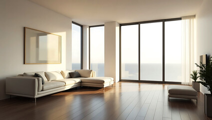 Fototapeta premium minimalist modern living room window interior design white empty room with summer landscape