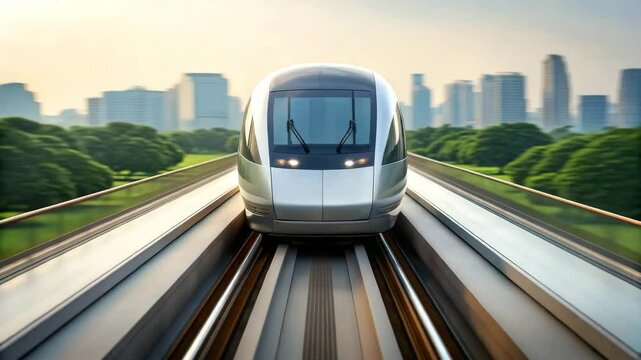 Futuristic maglev train traveling at high speed on a sleek track in a dynamic urban environment.