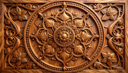 Intricate wood carving featuring floral mandala design with natural wood grain patterns, showcasing craftsmanship and artistry in warm, inviting tone