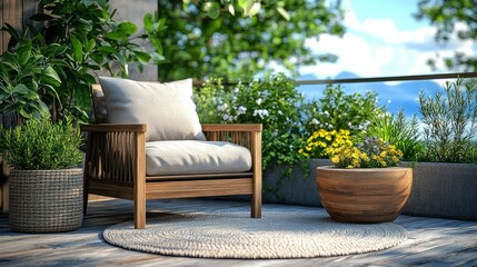 Fototapeta premium Wooden outdoor chair, lush plants, serene balcony