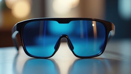 Sports sunglasses. Visor glasses Polarized Migraine 70s Squarespace designer AR Eyesafe Ocushield Freewell VR prescription lenses Blue lens close up summer fashion access