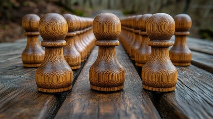 Wooden pawns aligned on rustic wood