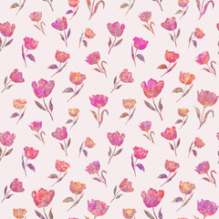 Pattern with hand drawn tulips on light pink background. Print for women's wear, kids wear, home textile, bed linen, gift wrap, tea towels.