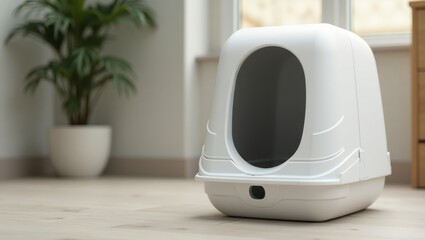 Modern litterbox. Cat accessory. White pet. Minimalist design. Indoor use. Clean environment. Comfortable space. Pet hygiene. Home interior. Lifestyle petcare. Pet owner tool. Animal comfort. Cat ind