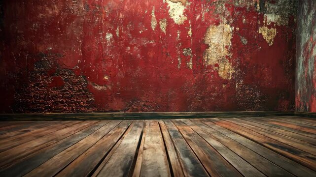 Distressed room interior Red textured wall, brown wooden floor, grungy background