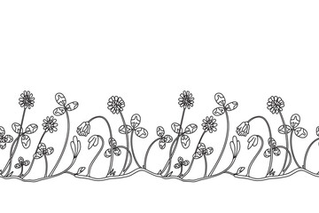 Line art botanical floral border isolated on white background. Hand drawn outline doodle clover plant with Flowers Stems Leaves vector illustration. Graphic design doodle element for Birthday Wedding