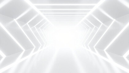 bright, abstract space featuring futuristic tunnel with glowing white lights and smooth floor creates immersive atmosphere. This empty environment evokes sense of wonder and possibility