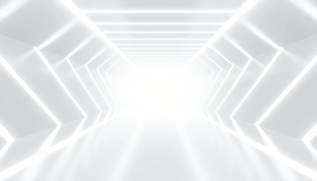 bright, abstract space featuring futuristic tunnel with glowing white lights and smooth floor creates immersive atmosphere. This empty environment evokes sense of wonder and possibility