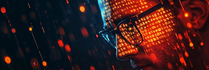 Close-up of Man Overlaid with Binary Code Rain, Concept of Technology and Cyber Security